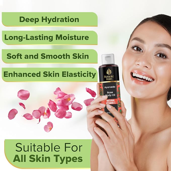 Ayurveda Rose Body Oil, Moisturizing & Hydrating Organic Vitamin E Oil - Image 3