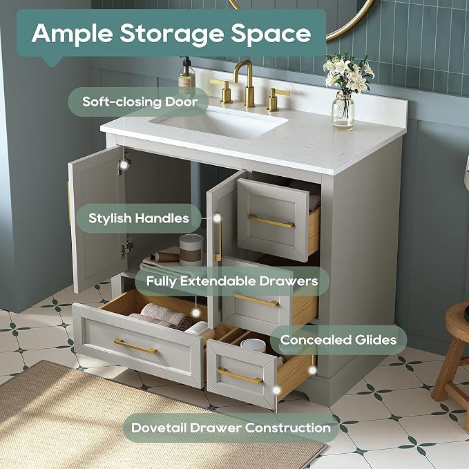 36 Inch Bathroom Vanity with Sink Combo, Solid Wood Frame with Mable Top - Image 4