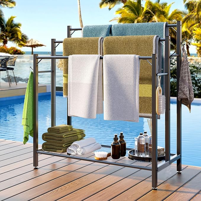 3 Tier Towel Rack with Large Storage & 6 Hooks, Blanket Rack - Image 2