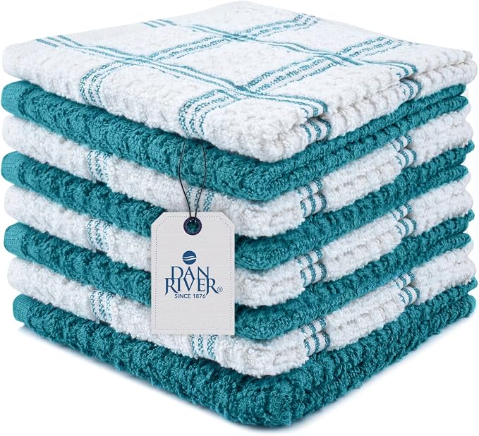 DAN RIVER Premium Dish Cloth 100% Cotton 12 X 12 Inches |Pack of 8|-Ultra Soft by DanRiver