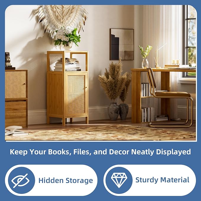 HITNET Rattan Bathroom Storage Cabinet, Small Bamboo Floor Cupboard - Image 5