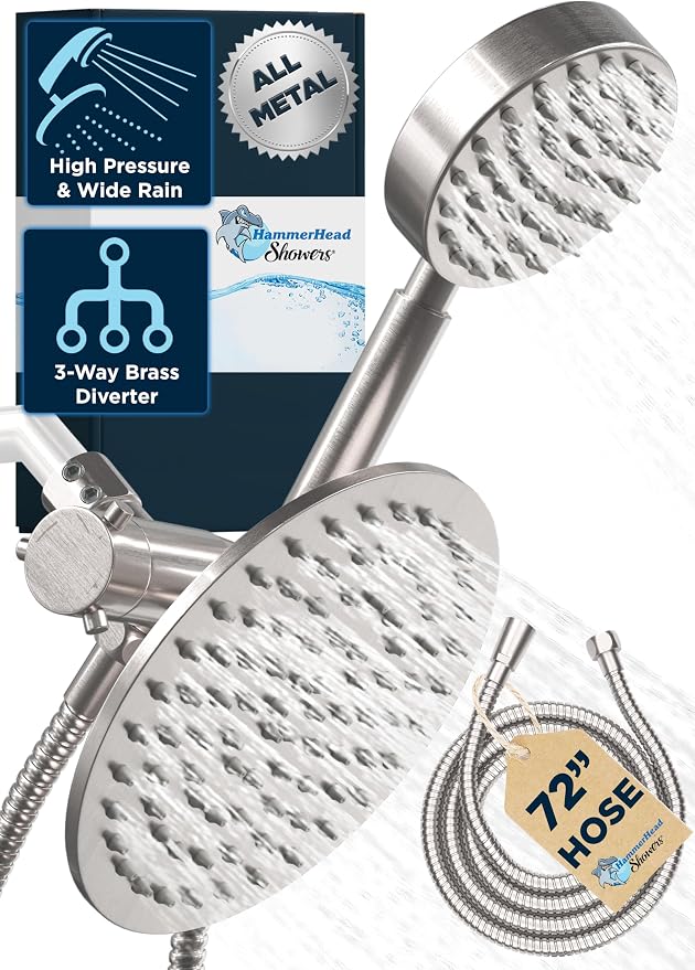 HammerHead Showers® Solid Metal Dual Shower Head Combo – BRUSHED NICKEL – 8 by HammerHeadShowers