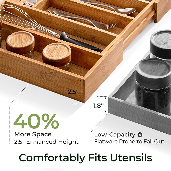 Carbonized Large Bamboo Kitchen Drawer Organizer, 12 Slots Expandable - Image 3
