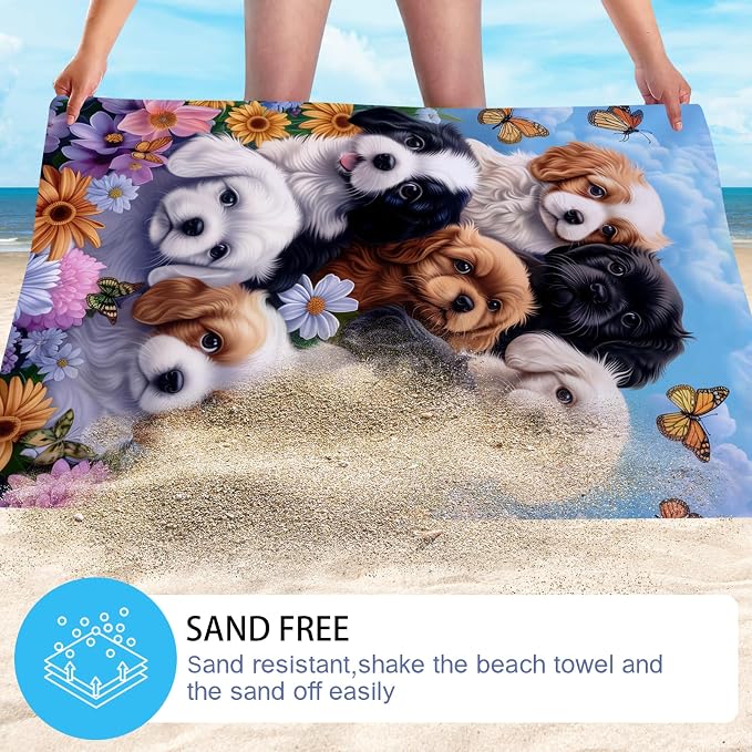 WZOMT Microfiber Dog Beach Towel, Cute Dog Bath Towels, Funny Puppy and Flowers - Image 4