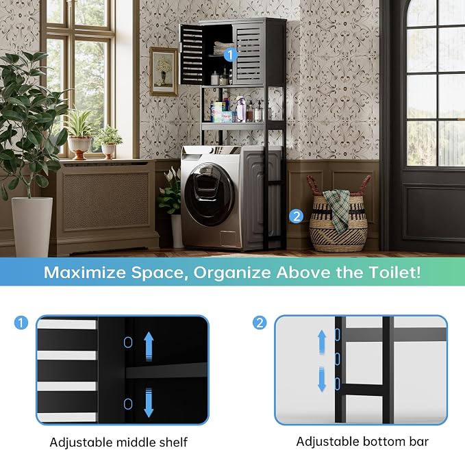 SMIBUY Bathroom Over The Toilet Storage Cabinet, 2 Door Bamboo Cabinet Organizer - Image 6