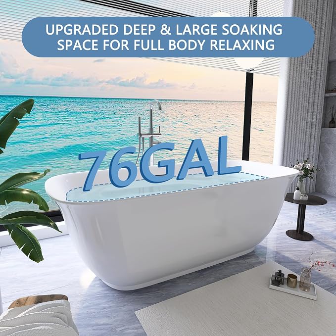 67" Free Standing Tub, Pure Acrylic Freestanding Bathtub, Stylish Stand Alone - Image 2