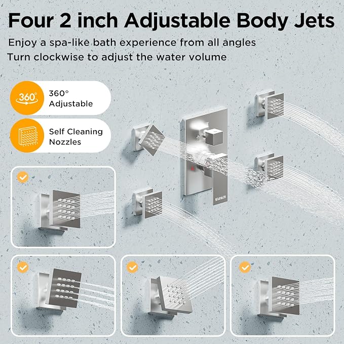 Shower Systems with 4 Body Spray Jets, STARBATH 4 Way 12+6" Rainfall Shower - Image 3