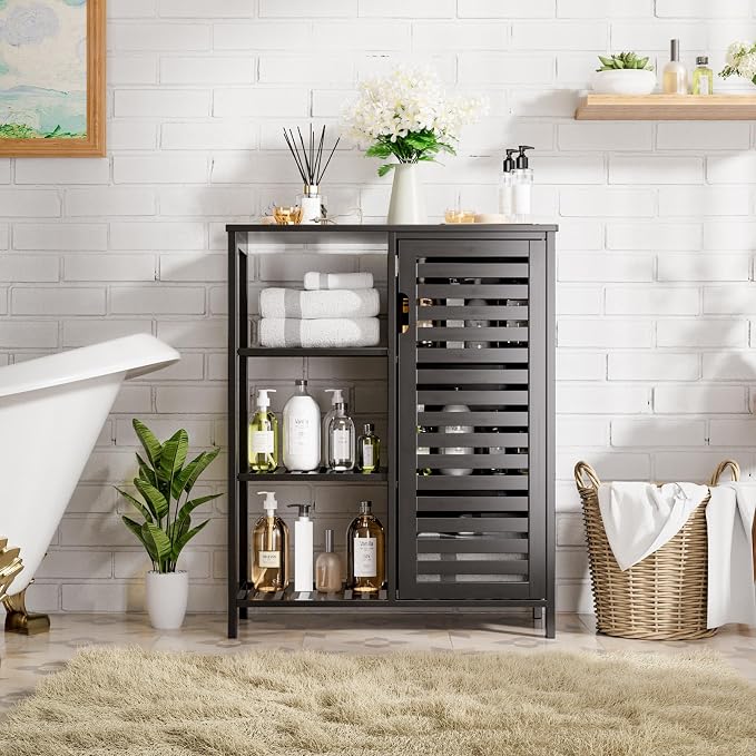 HITNET Black Bathroom Cabinet, Freestanding Storage Cabinet Bamboo Kitchen - Image 4