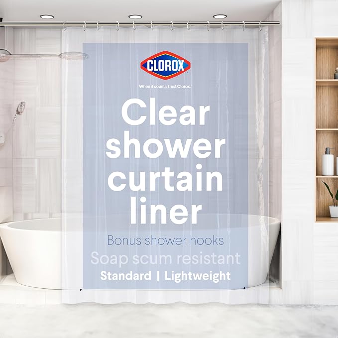 Clorox Shower Curtain Liner & Hooks, Premium Lightweight Flexible Waterproof 4g by MainstreamInternational