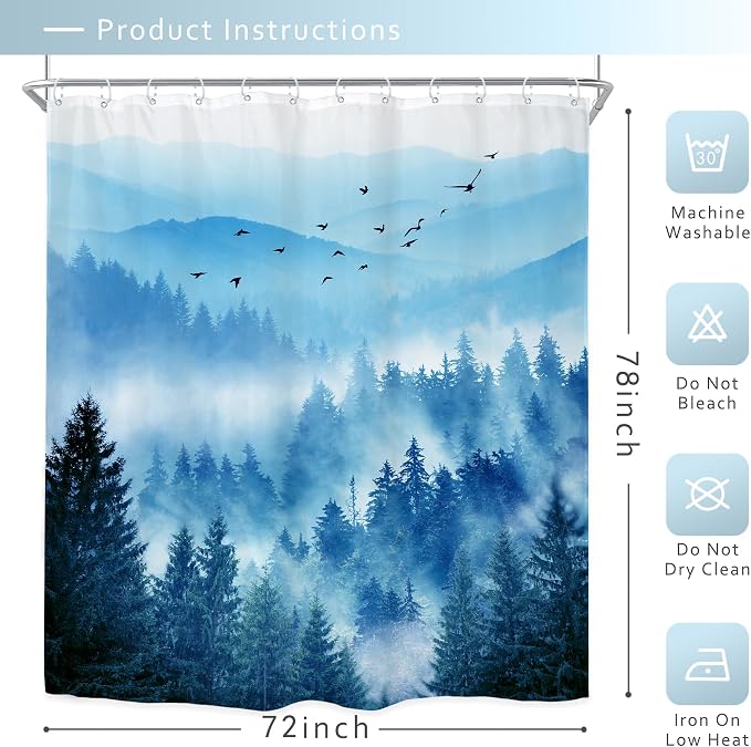Riyidecor Extra Long Blue Shower Curtain 72Wx78H Inch Foggy Misty Nature - Image 5