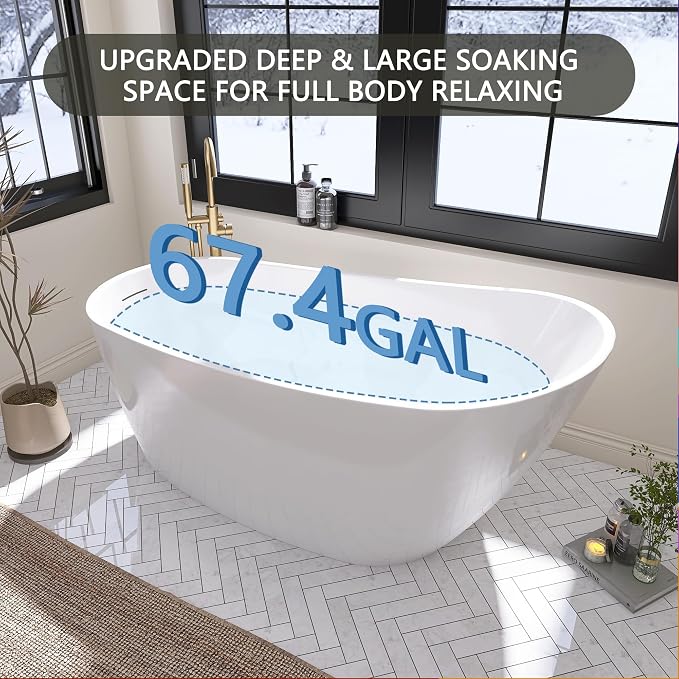 67" Free Standing Tub, Pure Acrylic Freestanding Bathtub, Stylish Stand Alone - Image 3