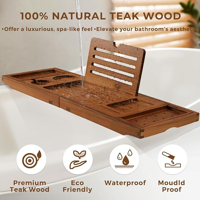 Teak Bathtub Tray Expandable Bathroom Tray - Image 5