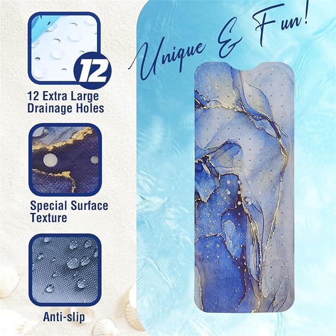 Blue Bathtub Mat Non Slip Marble Gold Line Extra Long Bath Mat - Image 3