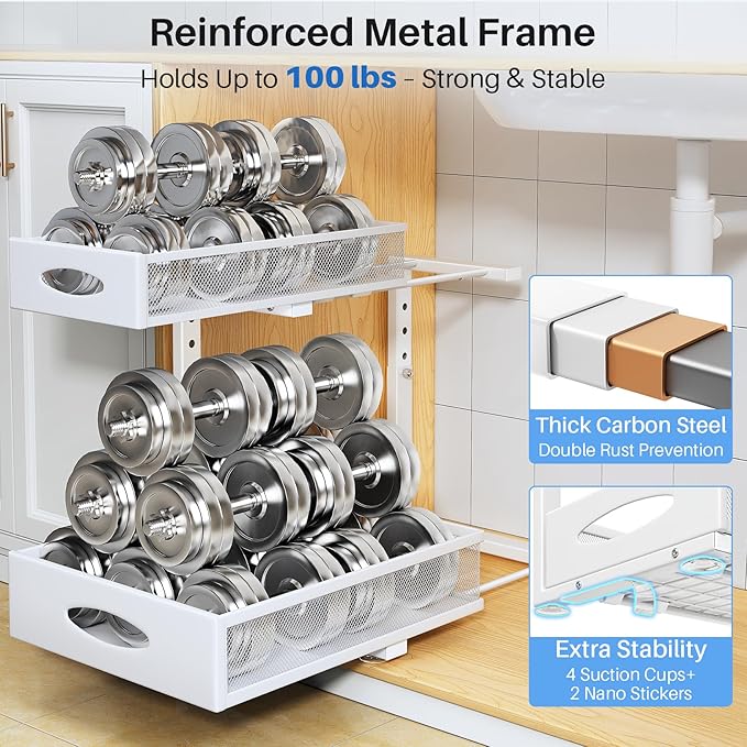 Under Sink Organizer, 2 Pack 2 Tier Pull Out Under Cabinet Organizer Shelf - Image 7