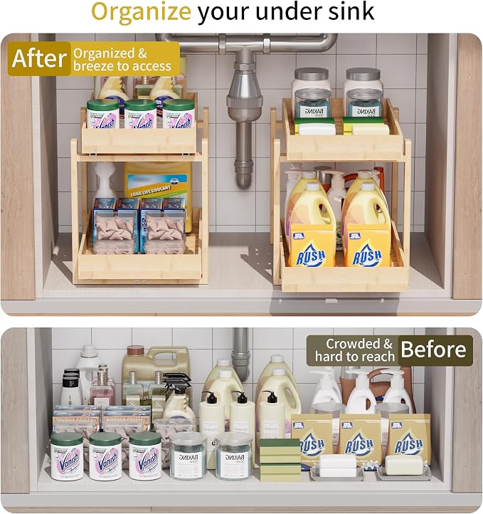 Bamboo Wood Under Sink Organizer 2 Pack, Pull Out Cabinet Organizer 2 Tier - Image 3