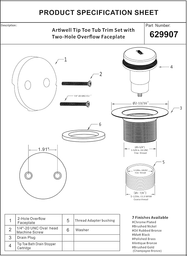 Artiwell Tip-Toe Bathtub Drains Trim Set - Image 6