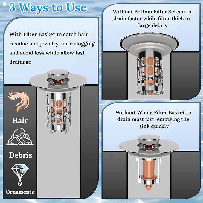 Pop up Bathroom Sink Drain Strainer, Universal Sink Stopper Bathroom Drain - Image 4