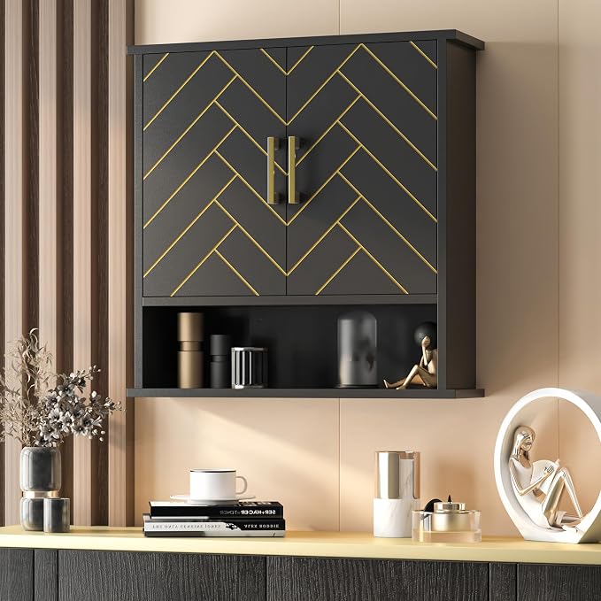 Black Chevron Pattern Bathroom Wall Cabinet, Modern Hanging Medicine Cabinet - Image 6
