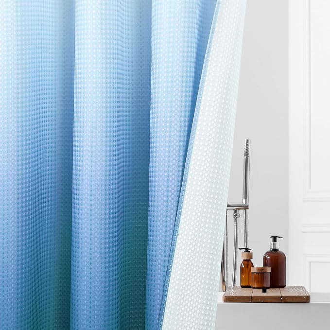 MitoVilla No Hooks Needed Blue Ombre Waffle Shower Curtain Liner Set, Modern - Image 5