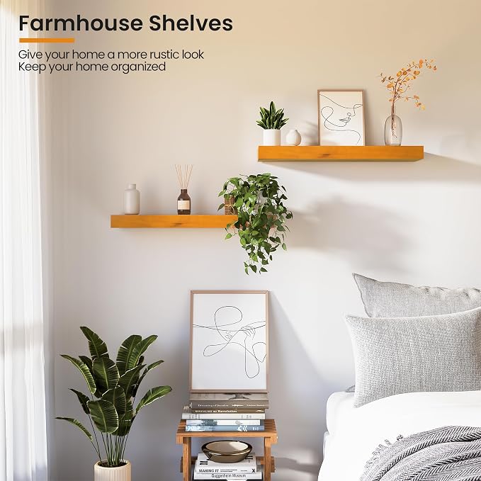 Pine Floating Wall Shelves Set of 2, 16 Inches Long x 8”x 1.4” Shelf Floating - Image 2