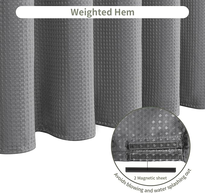 Inhousolu Fabric Shower Curtain Waffle Weave, 230 GSM Heavy Duty, Weighted Hem - Image 5