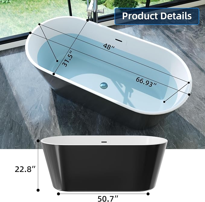 67'' Freestanding Bathtub, Deep Soaking Tub - Image 2