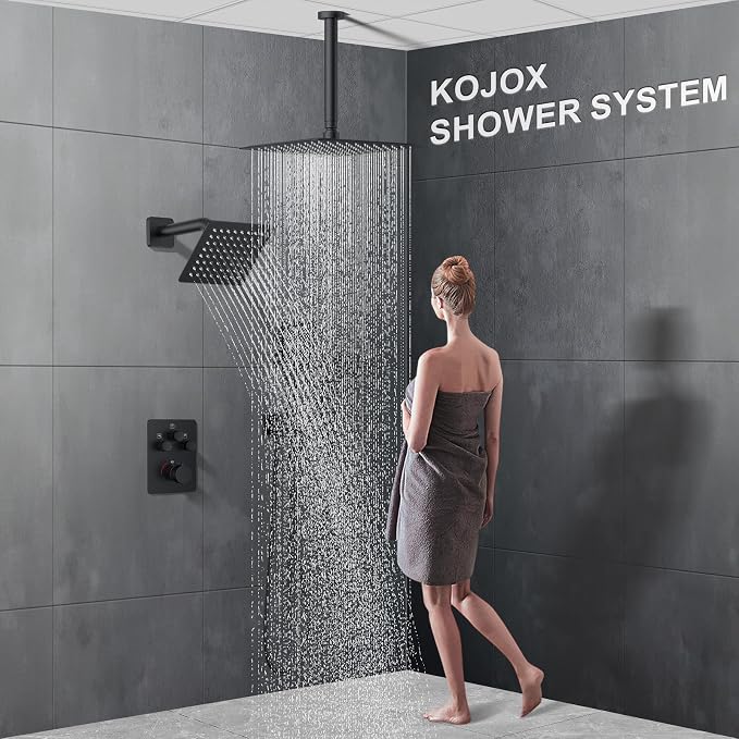 KOJOX Matte Black Thermostatic Shower System, Push Button Diverter Shower - Image 7