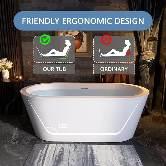 61 in. x 31 in.Classic Oval Acrylic Free Standing Tub, Heavy Duty Deep Soaking - Image 3