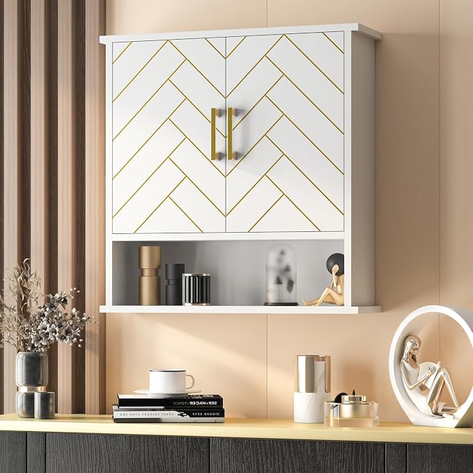 White Chevron Pattern Bathroom Wall Mount Cabinet, Stylish Hanging Medicine - Image 6