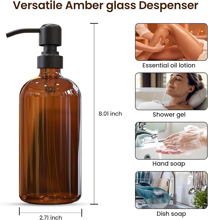 4 Pack Amber Glass Soap Dispenser 16 OZ - Image 3