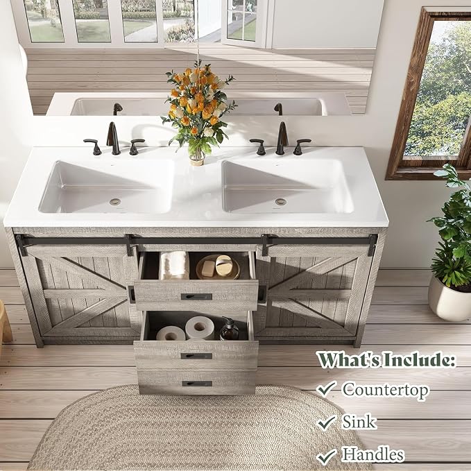 60" Farmhouse Bathroom Double Vanity Sliding Barn Door - Image 7