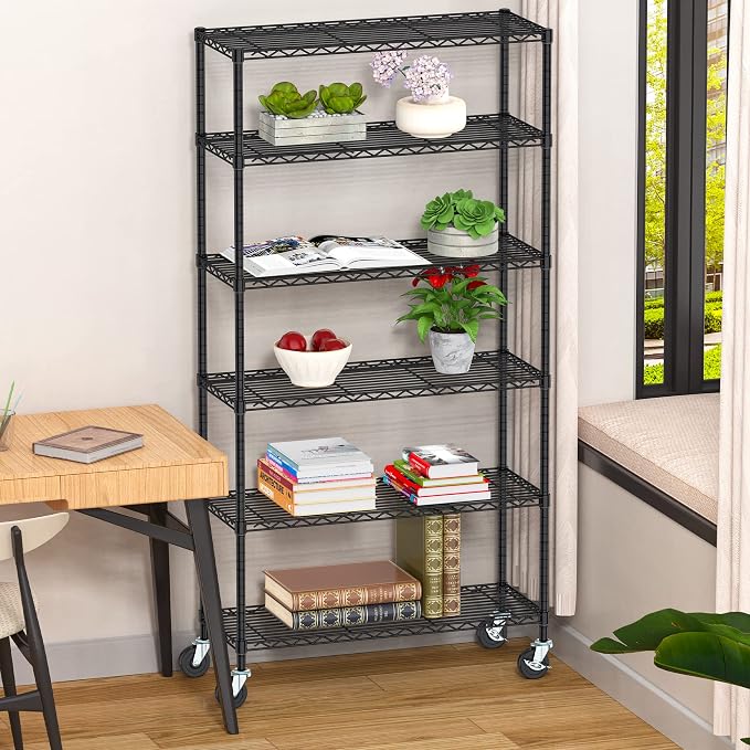 6 Tier Storage Shelves with Wheels Heavy Duty Wire Rolling Shelving Rack - Image 8