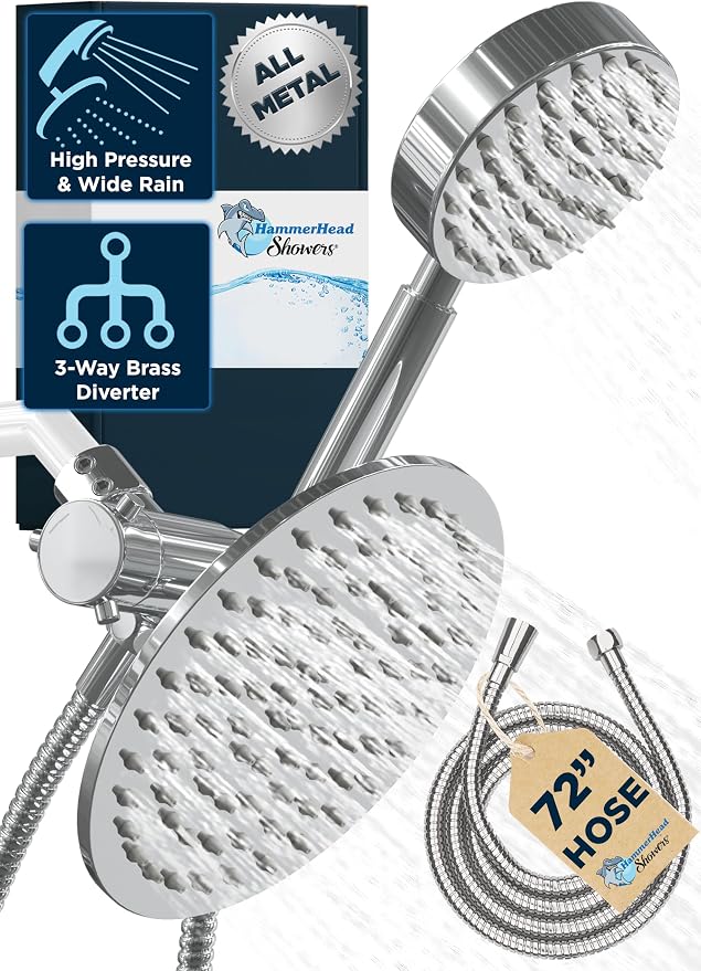 HammerHead Showers® Solid Metal Dual Shower Head Combo – CHROME – 8 Inch by HammerHeadShowers