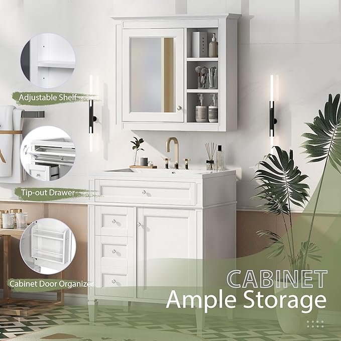 30" Bathroom Vanity with Matching Medicine Cabinet, Modern Sink Storage Cabinet - Image 4