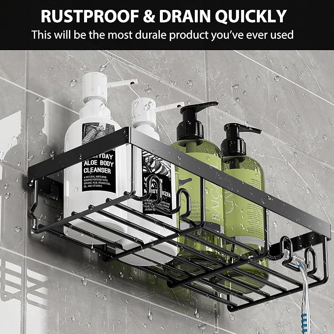 Moforoco Large Shower Caddy Shelf Organizer Rack, Self Adhesive Black Bathroom - Image 4