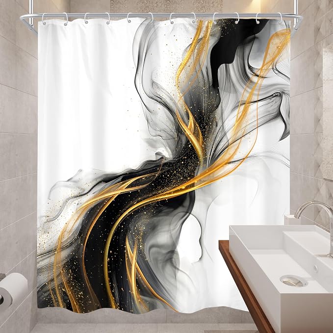 Cinbloo Black and Gold 60Wx72H Shower Curtain Abstract Modern Ombre Grey Golden - Image 3