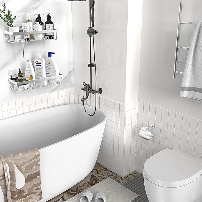 Moforoco Shower Caddy Shelf Organizer Rack, Self Adhesive Black Bathroom - Image 7