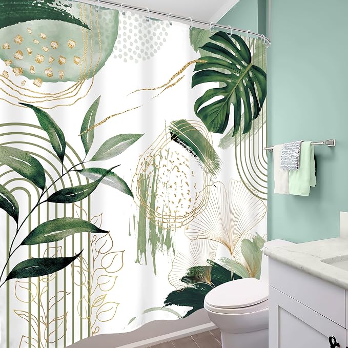 Sage Green Boho Shower Curtain Mid Century Modern Abstract Tropical Palm Leaves - Image 4