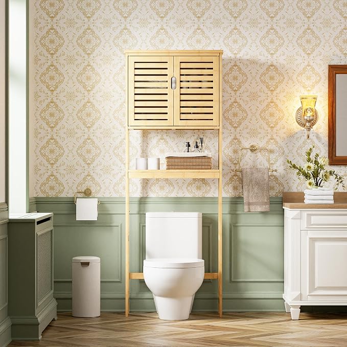 SMIBUY Bathroom Over The Toilet Storage Cabinet, 2 Door Bamboo Cabinet Organizer - Image 2