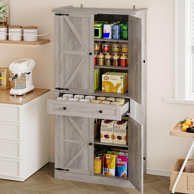 Pantry Organizers and Storage Cabinet, 70” Barn Door White Kitchen Cabinet - Image 8