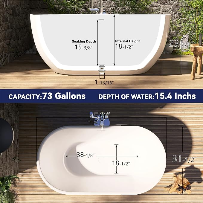59" Acrylic Free Standing Tub, Stand Alone Tub, Freestanding Bathtub, Soaking - Image 3