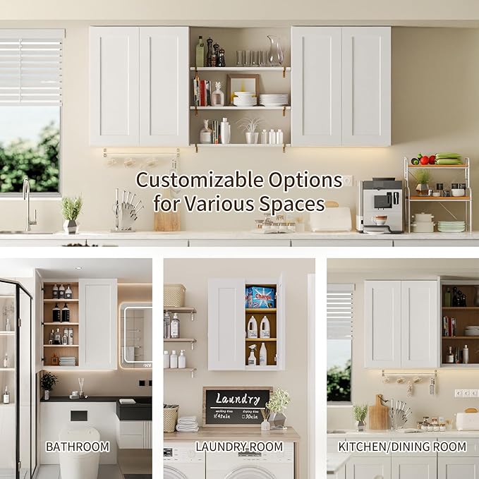 36 Inch Laundry Room Cabinets Wall Mounted, Solid Wood Over The Toilet Storage - Image 5