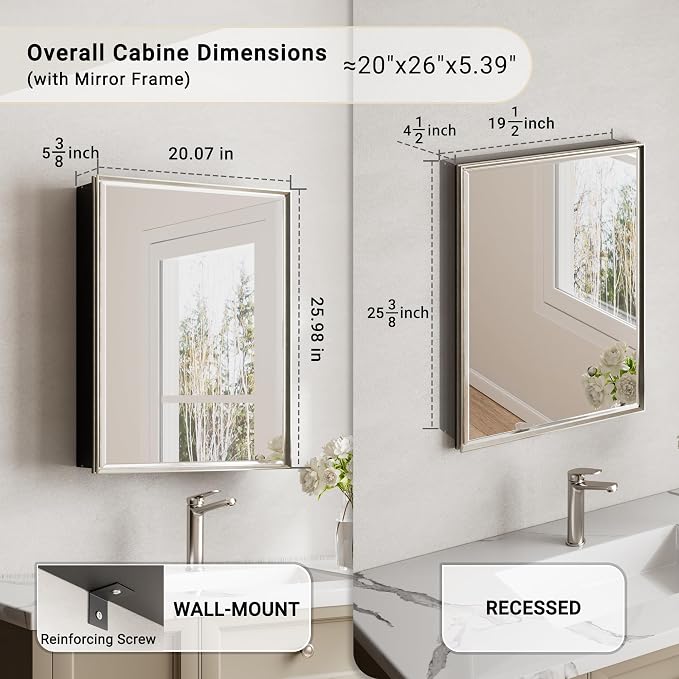 20''x 26'' Brushed Nickel Medicine Cabinet, Recessed or Surface Framed Medicine - Image 2