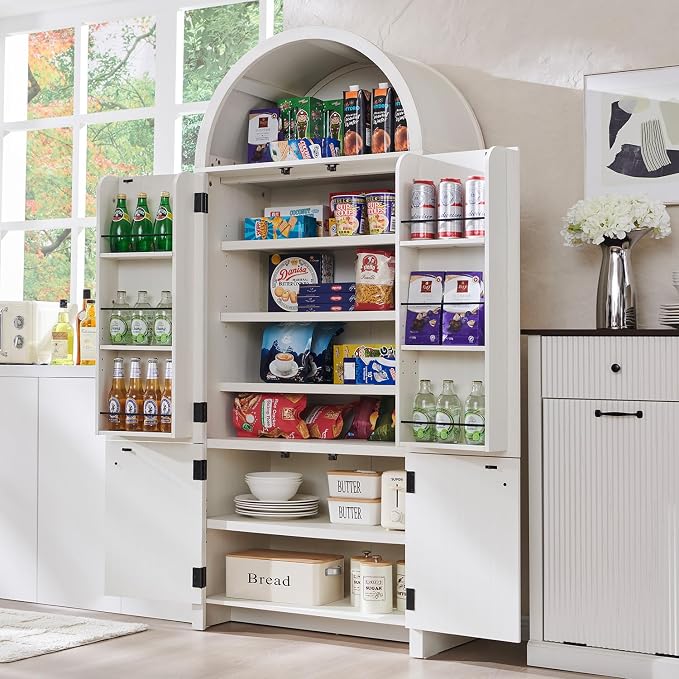 71" Tall Arched Kitchen Pantry, Modern Fluted Wood Storage Cabinet - Image 3