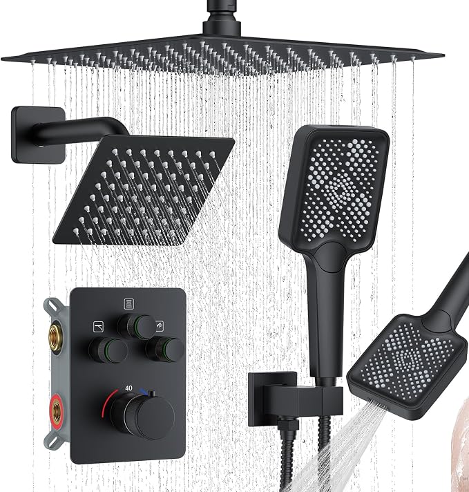 KOJOX Matte Black Thermostatic Shower System, Push Button Diverter Shower by KOJOXSANITARY