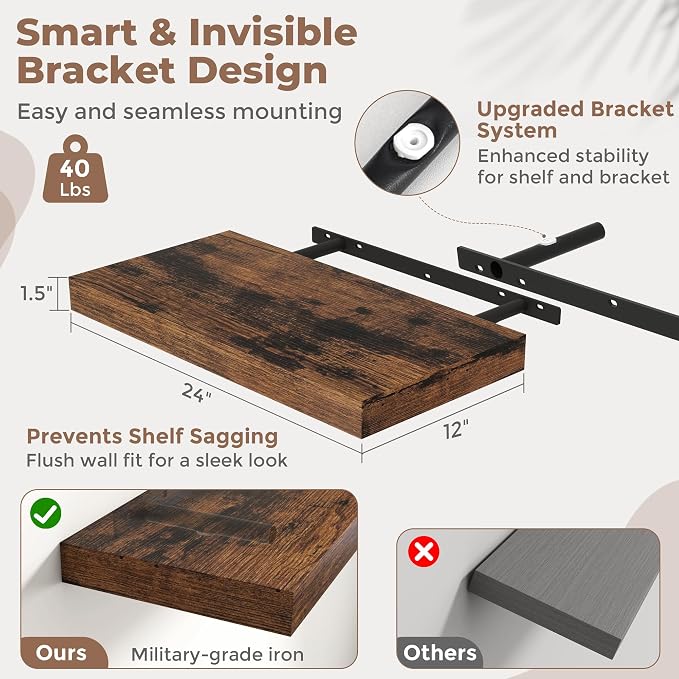 24 Inch Floating Shelves for Wall 2 Pack, Easy Install Engineered Wood Storage - Image 3