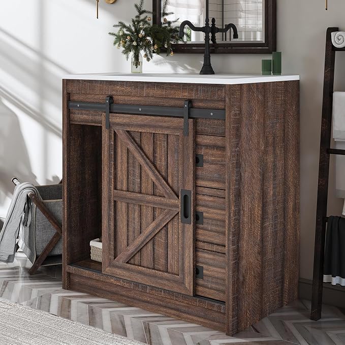 31" Farmhouse Sliding Barn Door Bathroom Vanity - Image 4