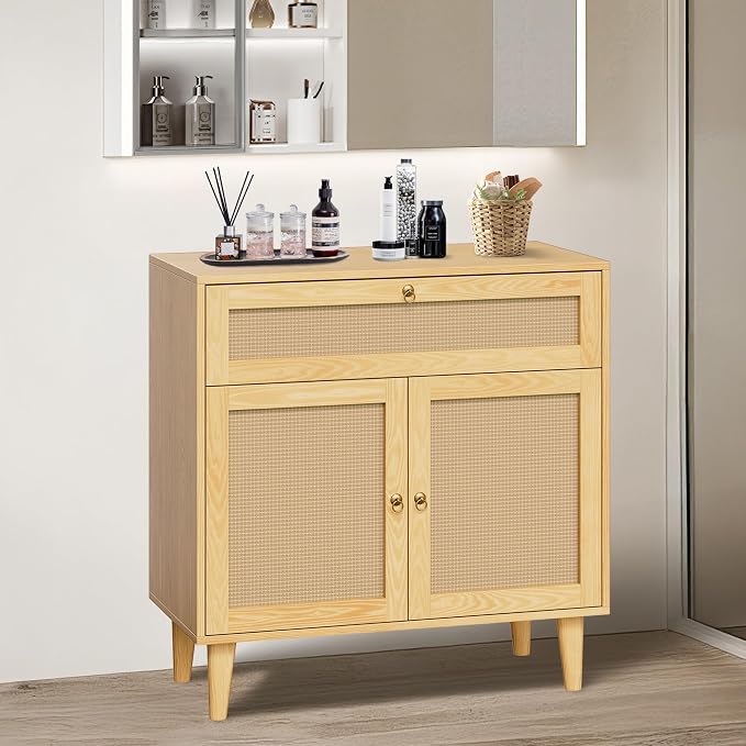 Storage Cabinet with Rattan Decor Doors & Drawer, Modern Bathroom Floor Storage - Image 4