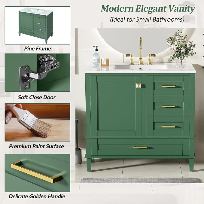 36" Bathroom Vanity with Solid Pine Frame, 1 Soft Close Door and 3 Drawers - Image 5
