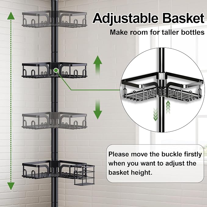Corner Shower Caddy Tension Pole, 4-Tier Rustproof Bathroom Organizer Storage - Image 7